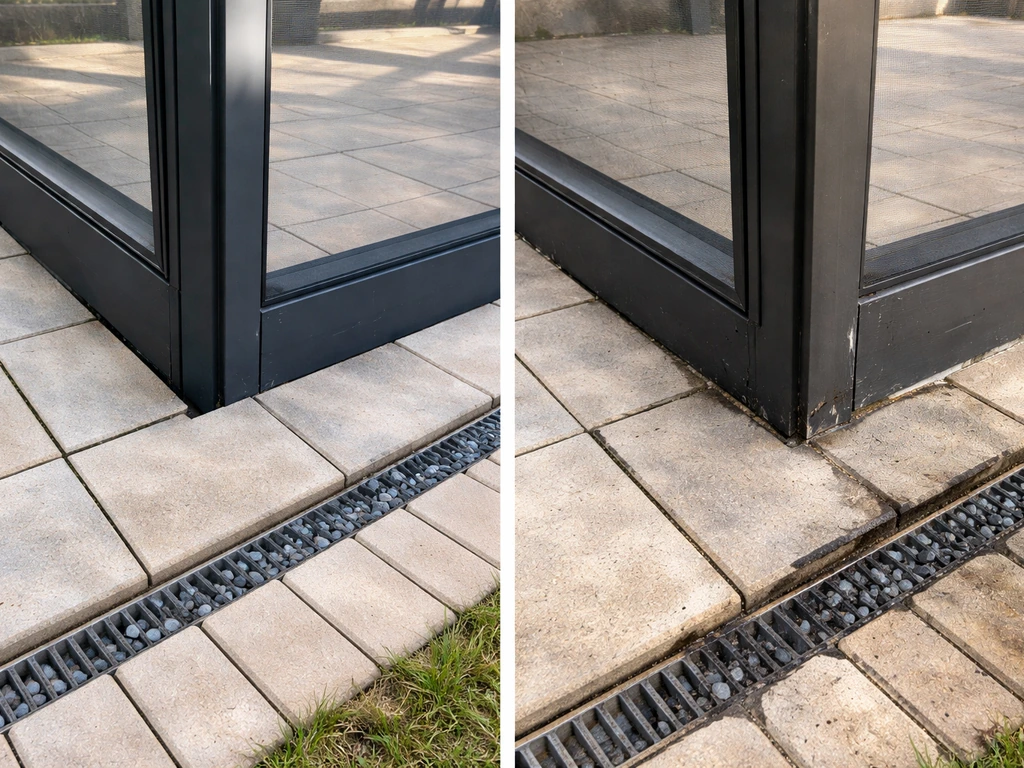 Side-by-side photo showing a well-installed patio enclosure vs a poorly installed one with leveling, grout, and drainage