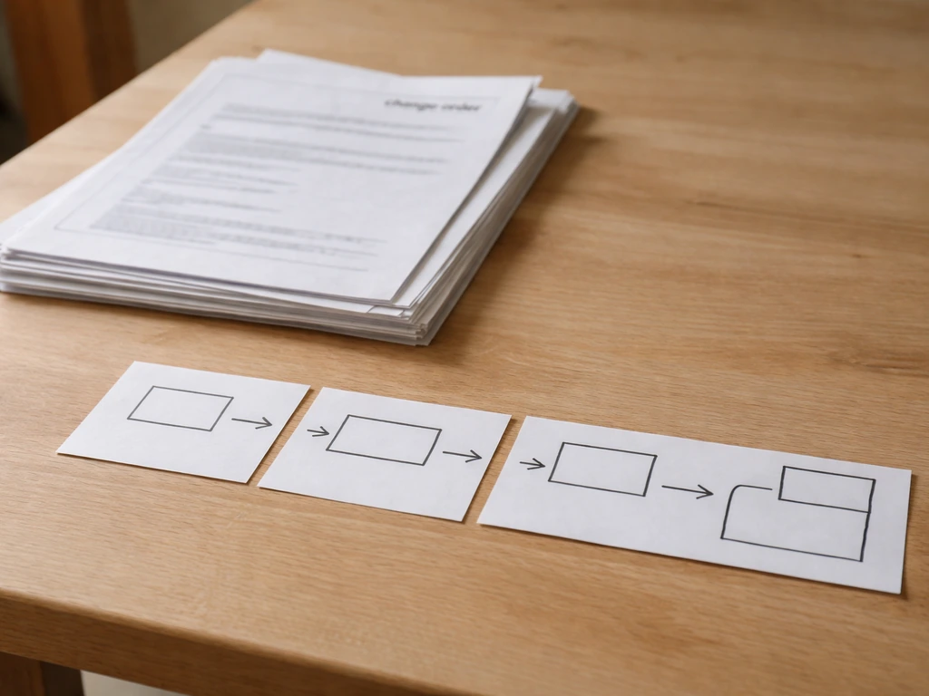 Close-up of contract pages and a simple step-by-step timeline cards showing rising costs during a renovation