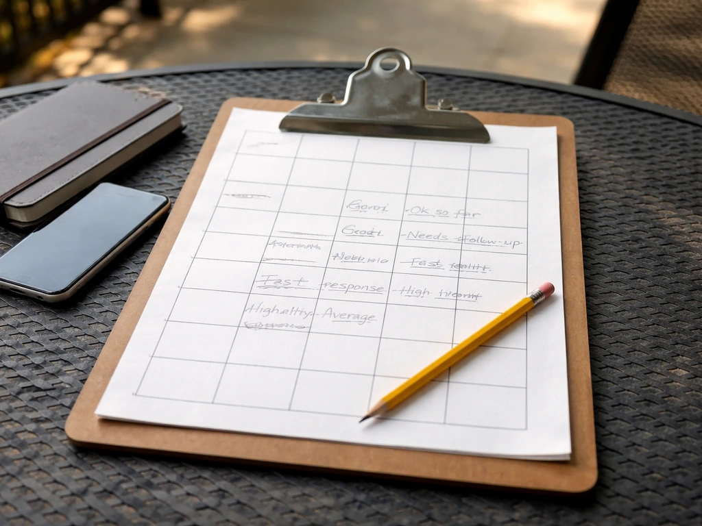 Scoring grid on a patio table with review notes for comparing patio builders side by side.