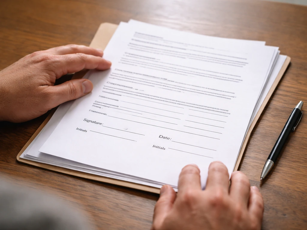 Hands reviewing a printed patio contract with visible signature and initial lines on a wooden table.