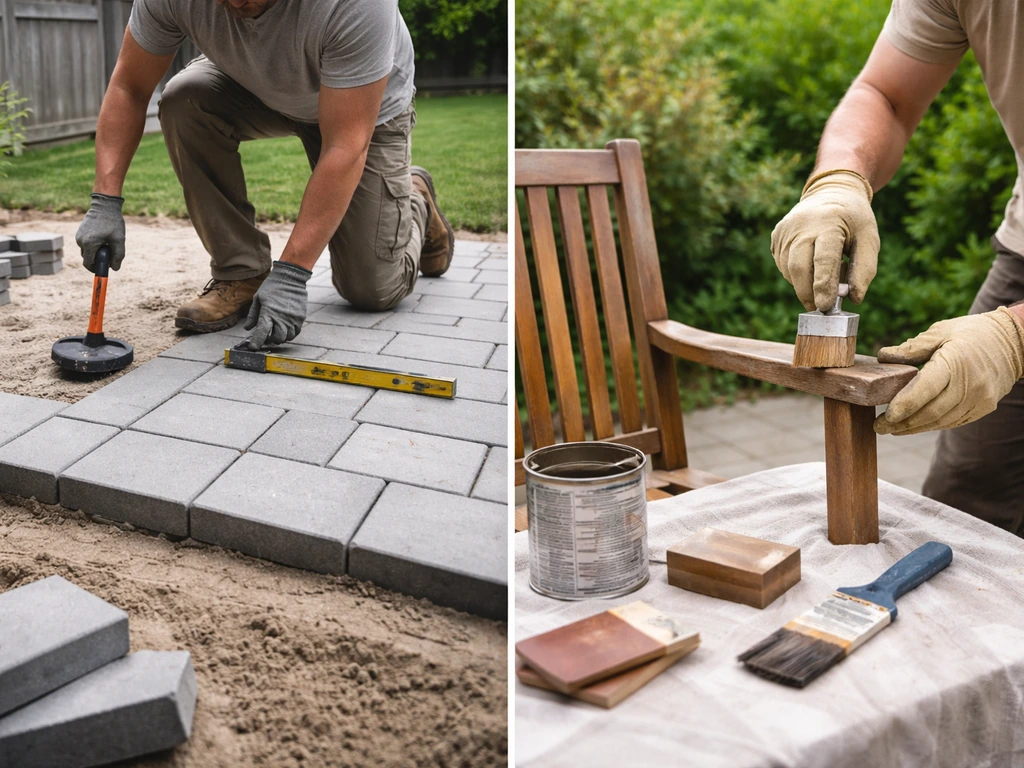 Split image: paver patio installation tools on one side, patio furniture refinishing tools on the other.
