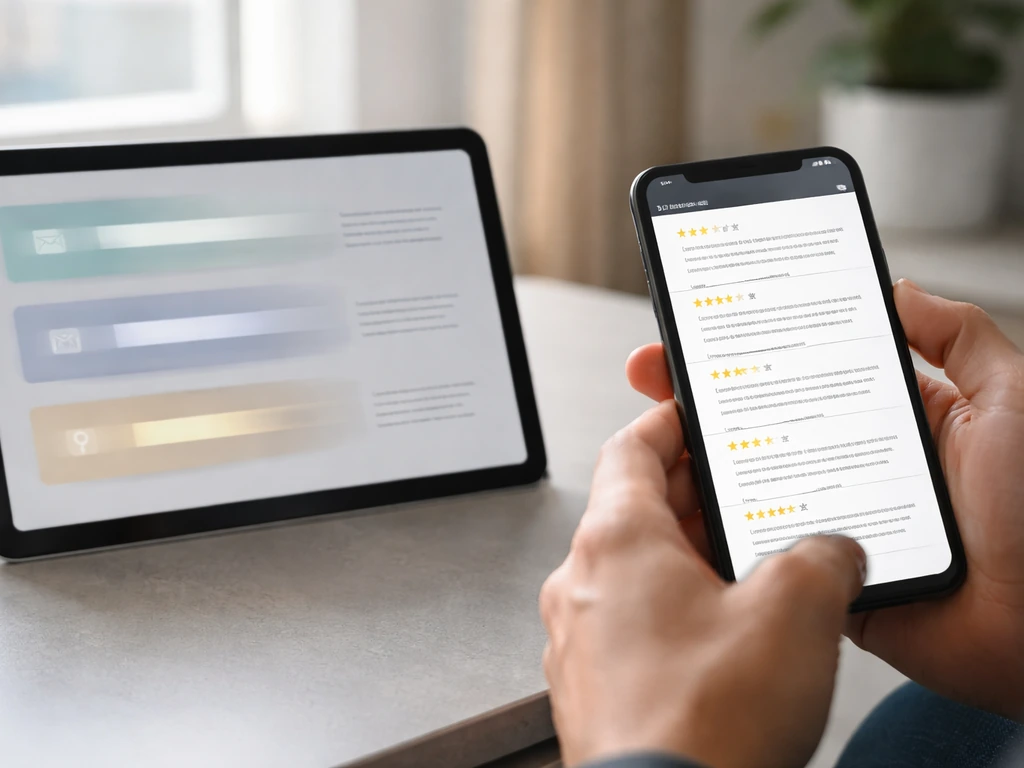 Hands hold a phone and tablet displaying blurred reviews and subtle highlight bars for review themes.