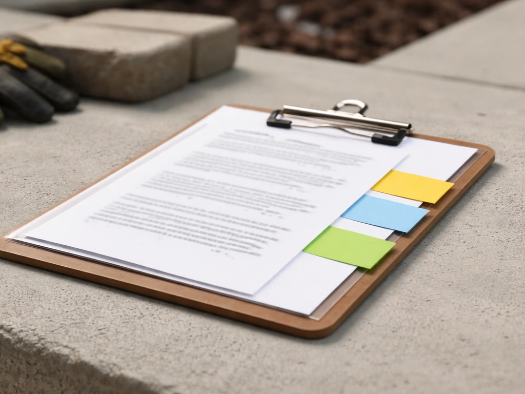 Minimal desk with clipboard and blank sticky-note tabs suggesting patio contractor review categories.