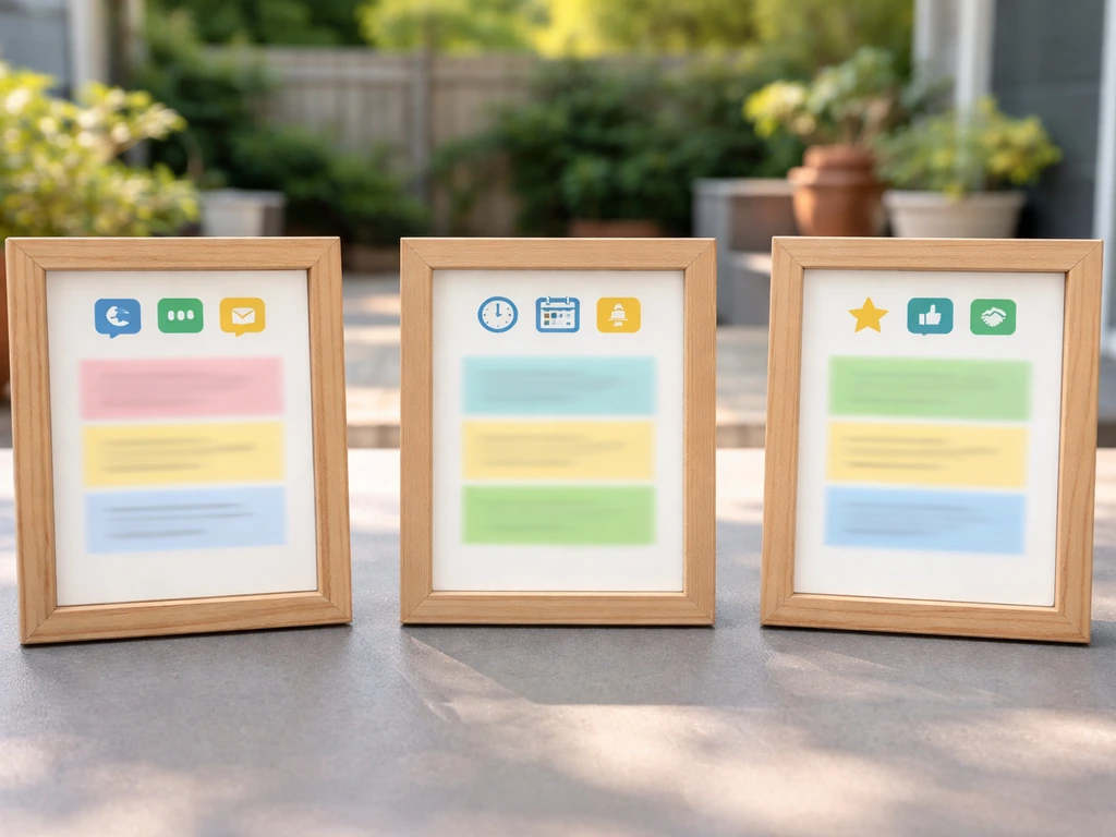 Three wooden frames on a patio table showing blurred, non-text review takeaways for contractors.