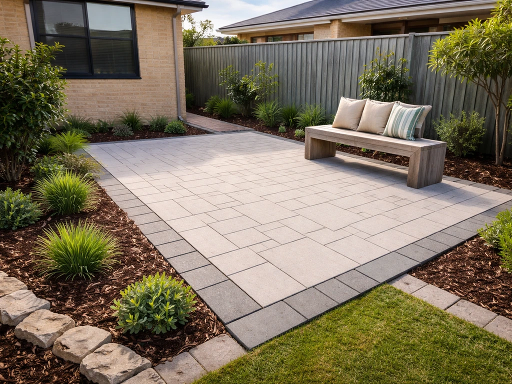 Photorealistic Perth backyard patio installation with clean pavers, plants, and outdoor living finishes