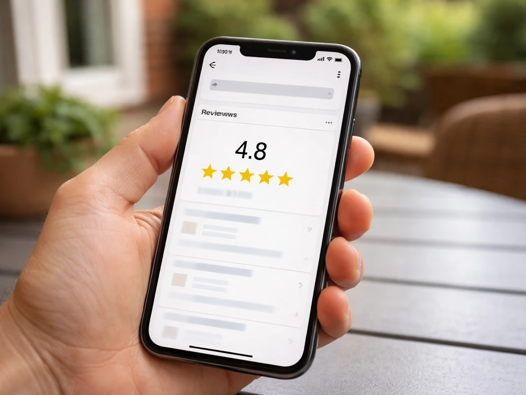 Close-up of a phone screen showing a Google reviews page with star rating and review count