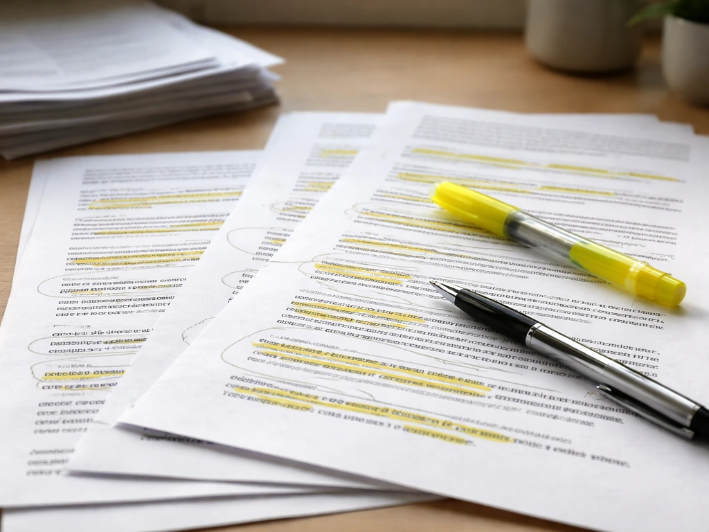 Close-up of highlighted printed reviews with a pen and highlighter marking repeated phrases.