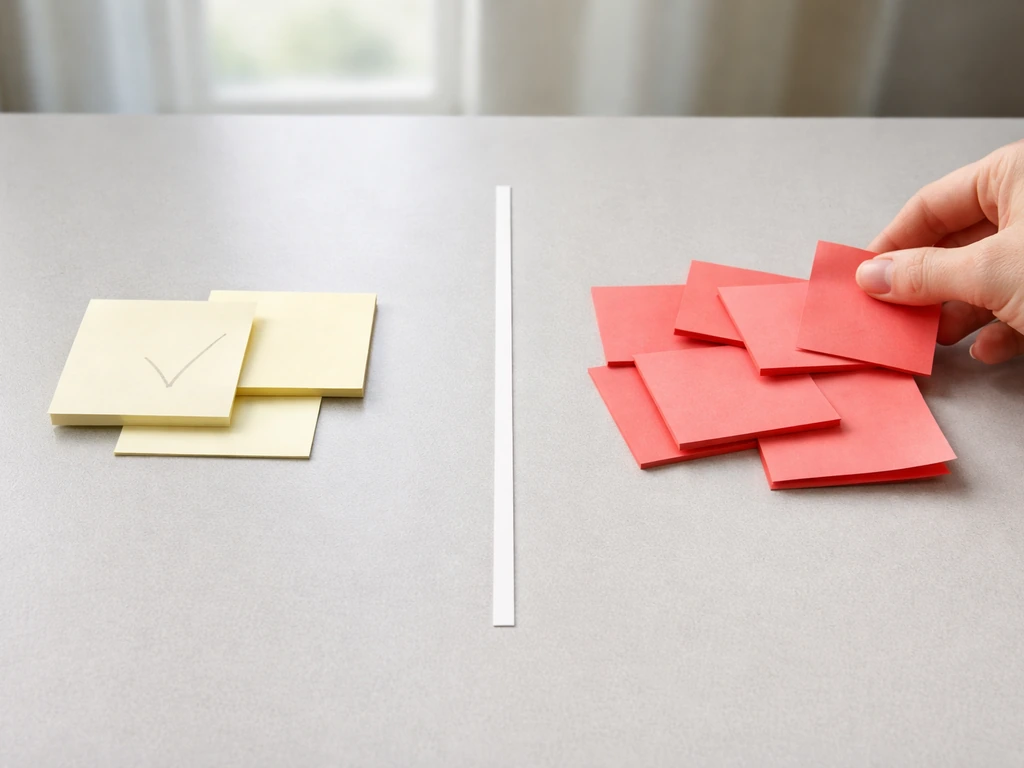 Two sticky-note clusters on a desk: a small neutral one vs a larger red one suggesting systemic issues.
