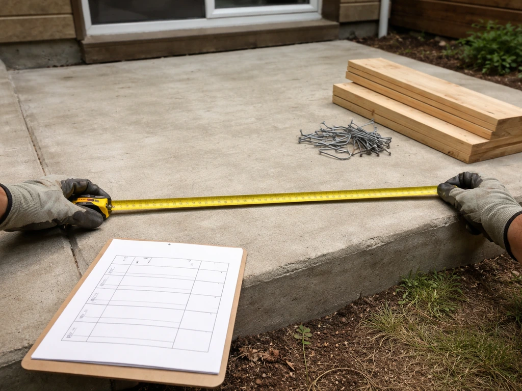 Hands measuring a flat roof patio area with a cost breakdown sheet and framing materials on a concrete slab