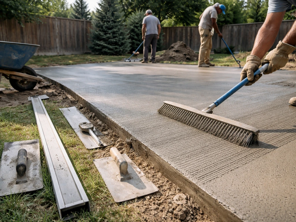 Contractor crew finishing a broom-finished concrete patio in a Denver-style backyard with tools nearby.