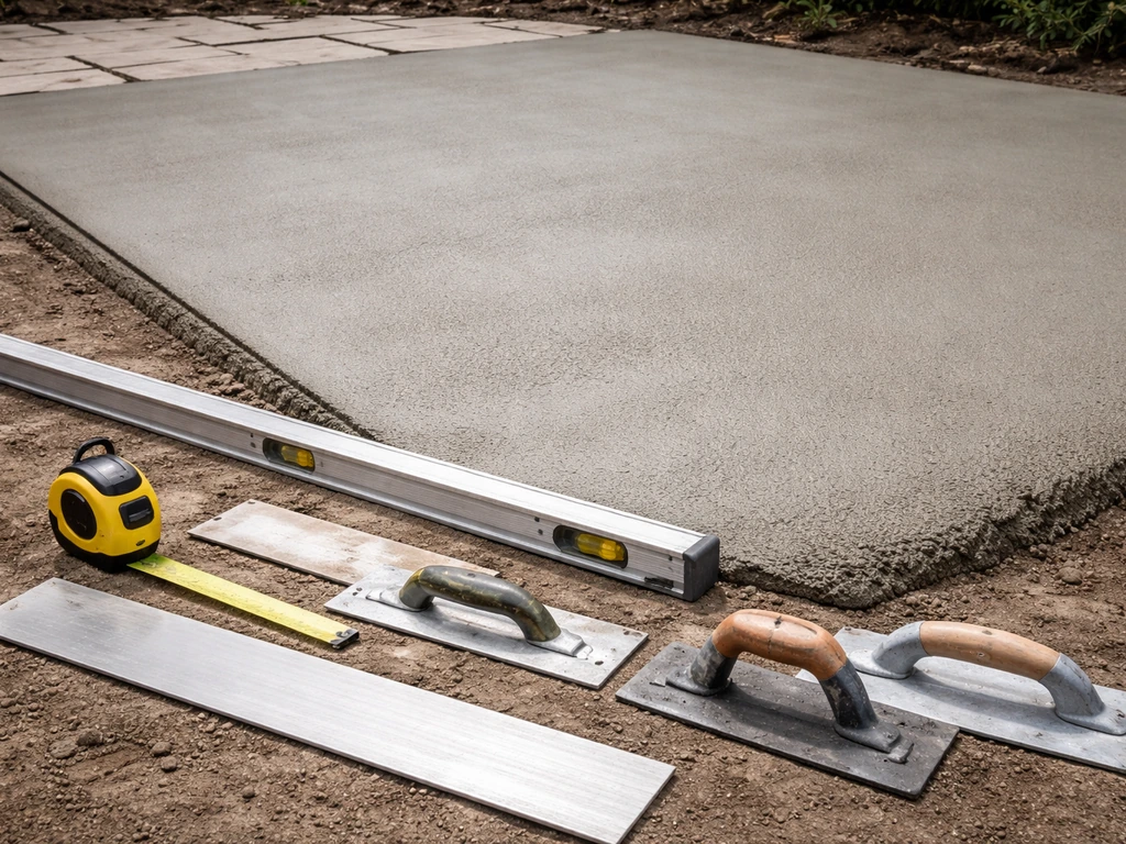 Closeup of concrete finishing tools—measuring tape, level, straightedge—on a patio base in natural light.