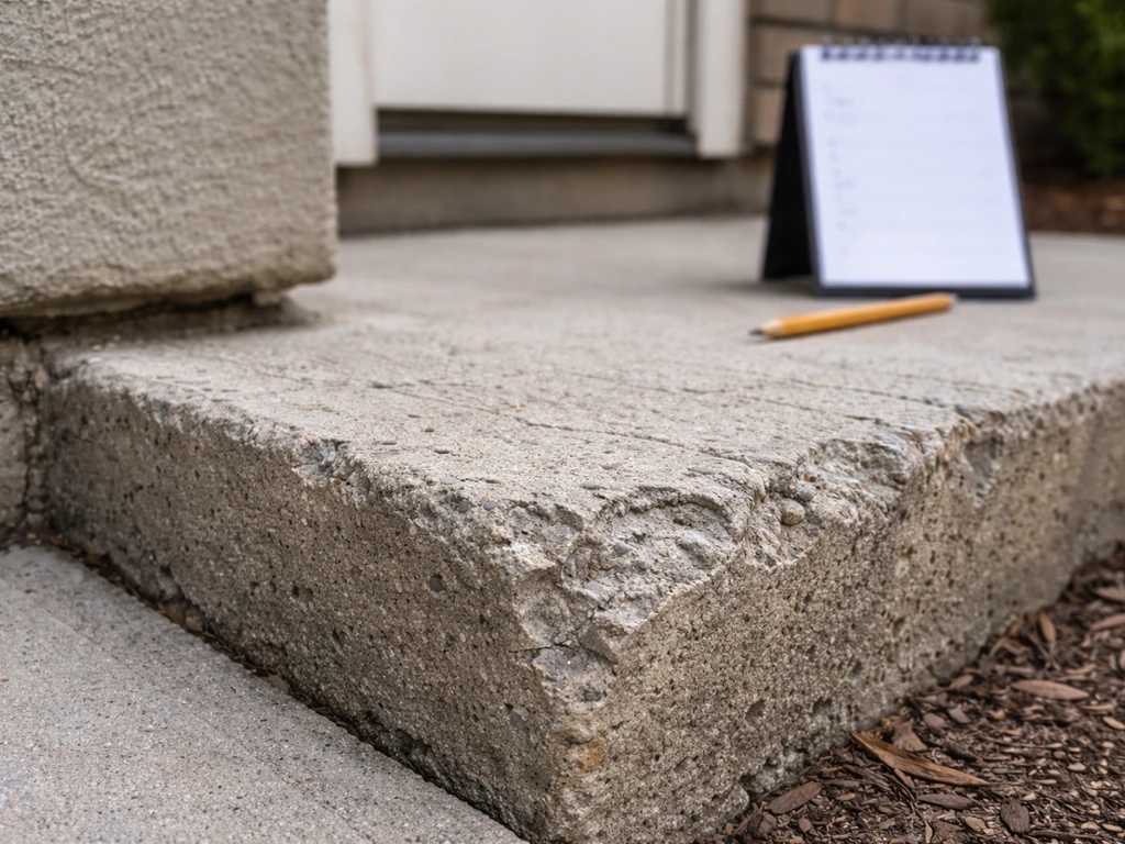 Close-up of a slightly chipped, uneven concrete edge with a blank note board in the background.