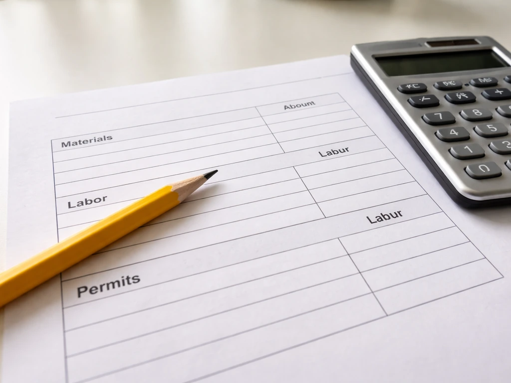Close-up of a patio estimate sheet with labeled line items under a pencil beside a calculator.