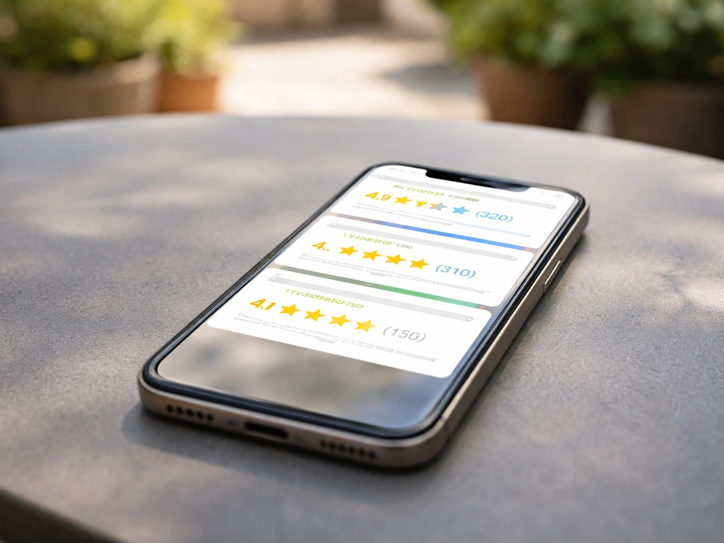 Closeup of a smartphone screen with highlighted star ratings and review counts for patio reviews.