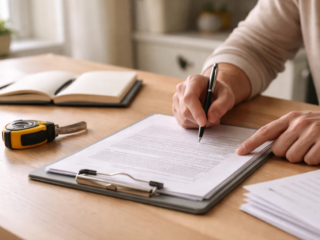 Homeowner reviewing patio contractor documents with pen, notebook, and measuring tape on a table