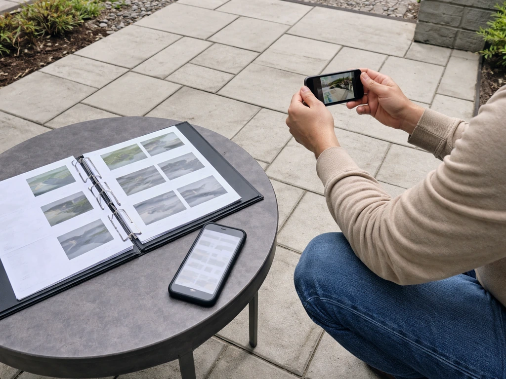 Homeowner kneeling on a patio taking photos and reviewing follow-up materials on an outdoor table.