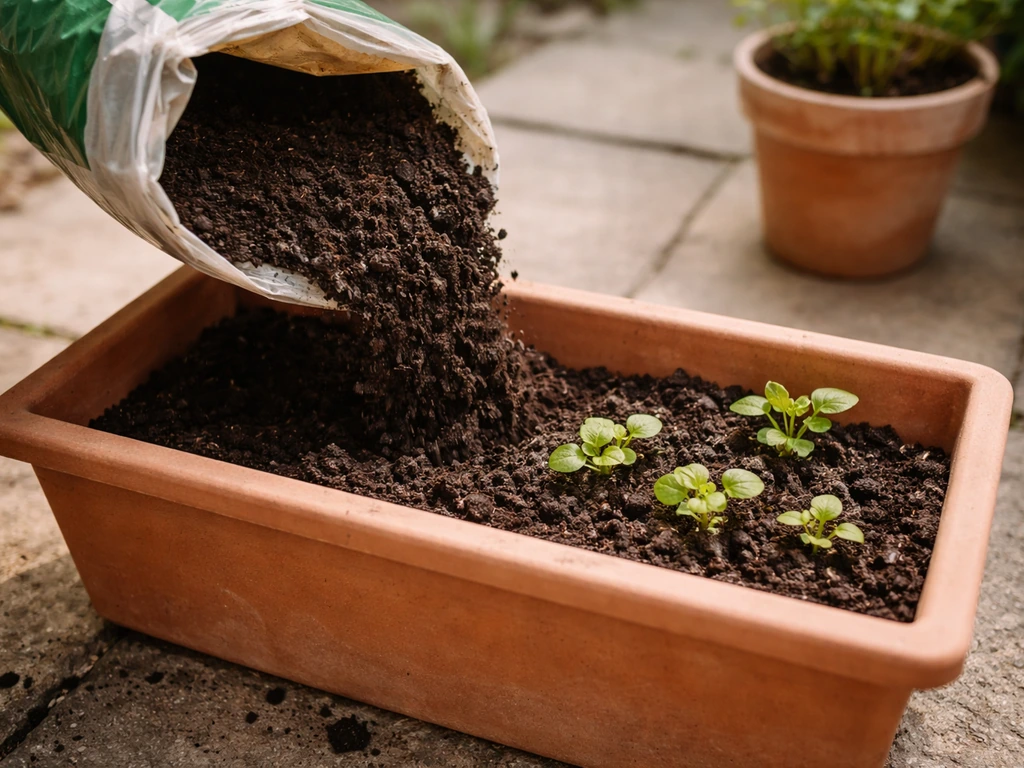 Potting mix pouring from a bag into a terracotta patio planter with seedlings nearby.