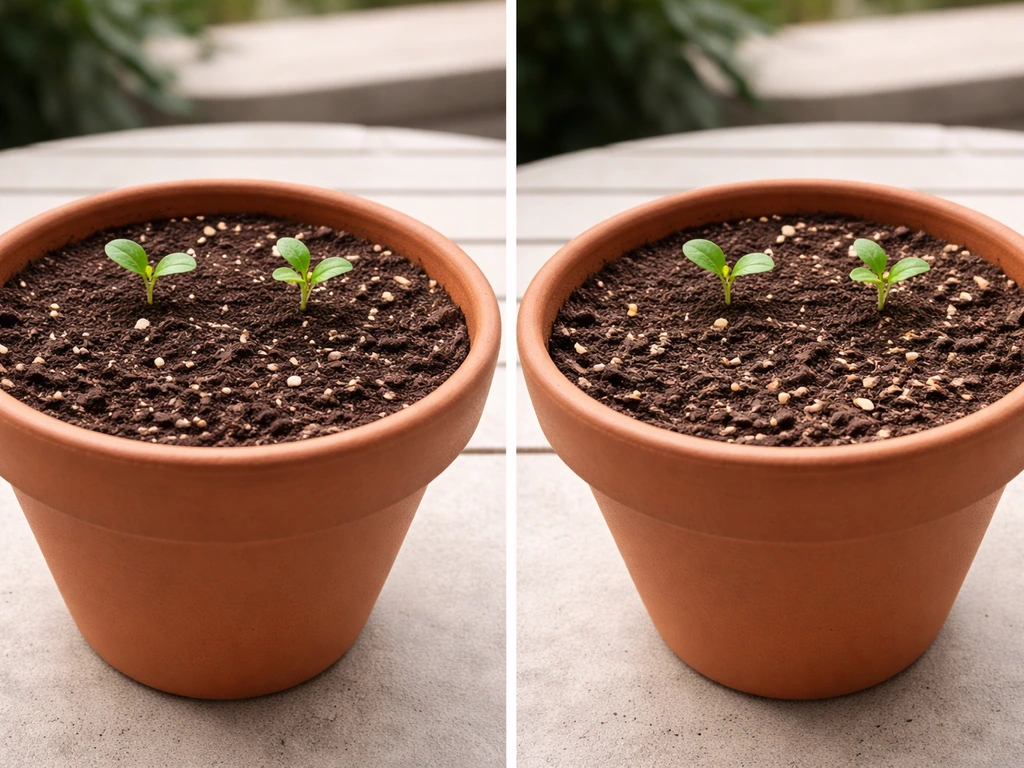 Two planters side by side: evenly textured potting mix vs mix with small debris and pockets.
