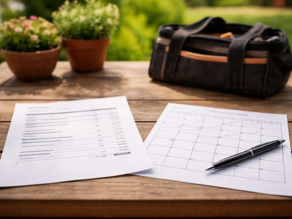 Itemized estimate paper next to a simple calendar sheet with check marks on a patio table.