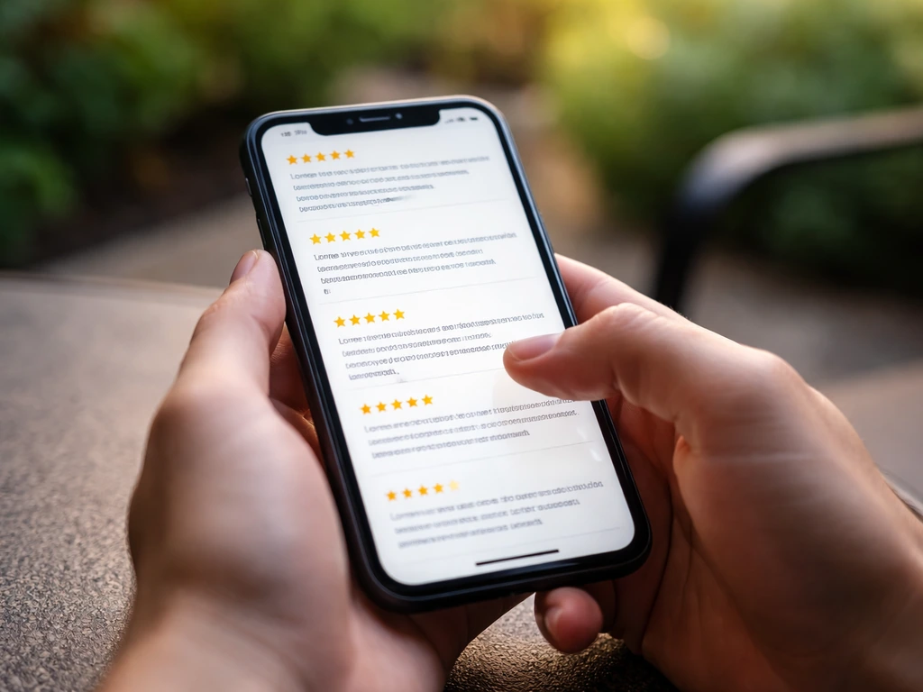 Close-up of a smartphone screen showing star ratings and brief review text for a patio garden contractor