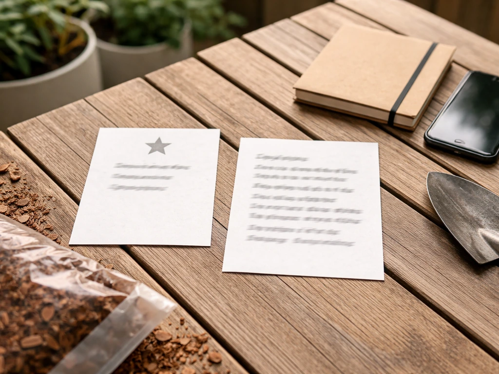 Patio garden table with two blurred review cards—one vague, one more detailed—beside garden tools.
