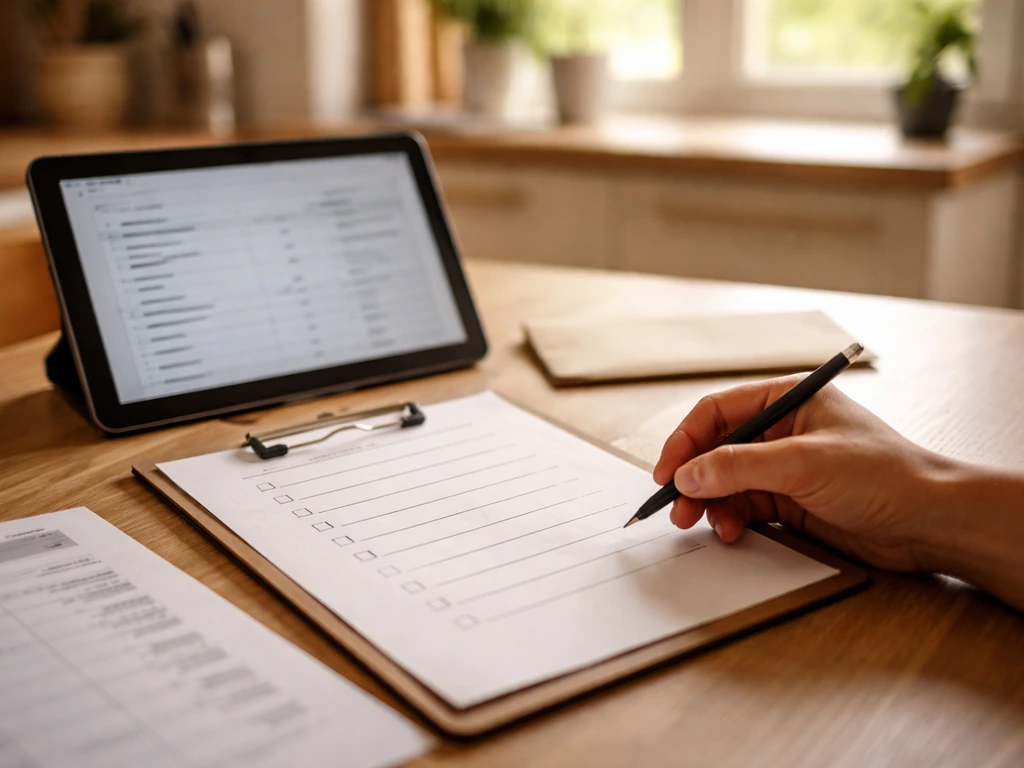 Checklist on a tablet with a pen and quote sheet on a kitchen table, ready for contractor questions.