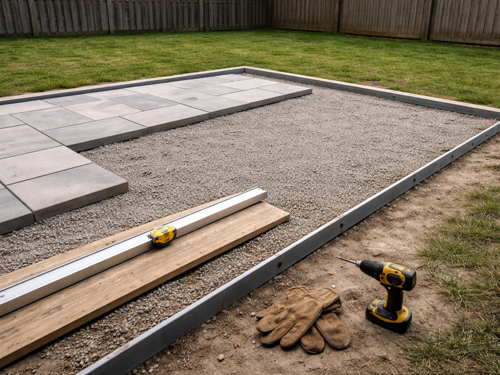 Contractor inspecting a backyard patio under construction with tools and materials laid out neatly