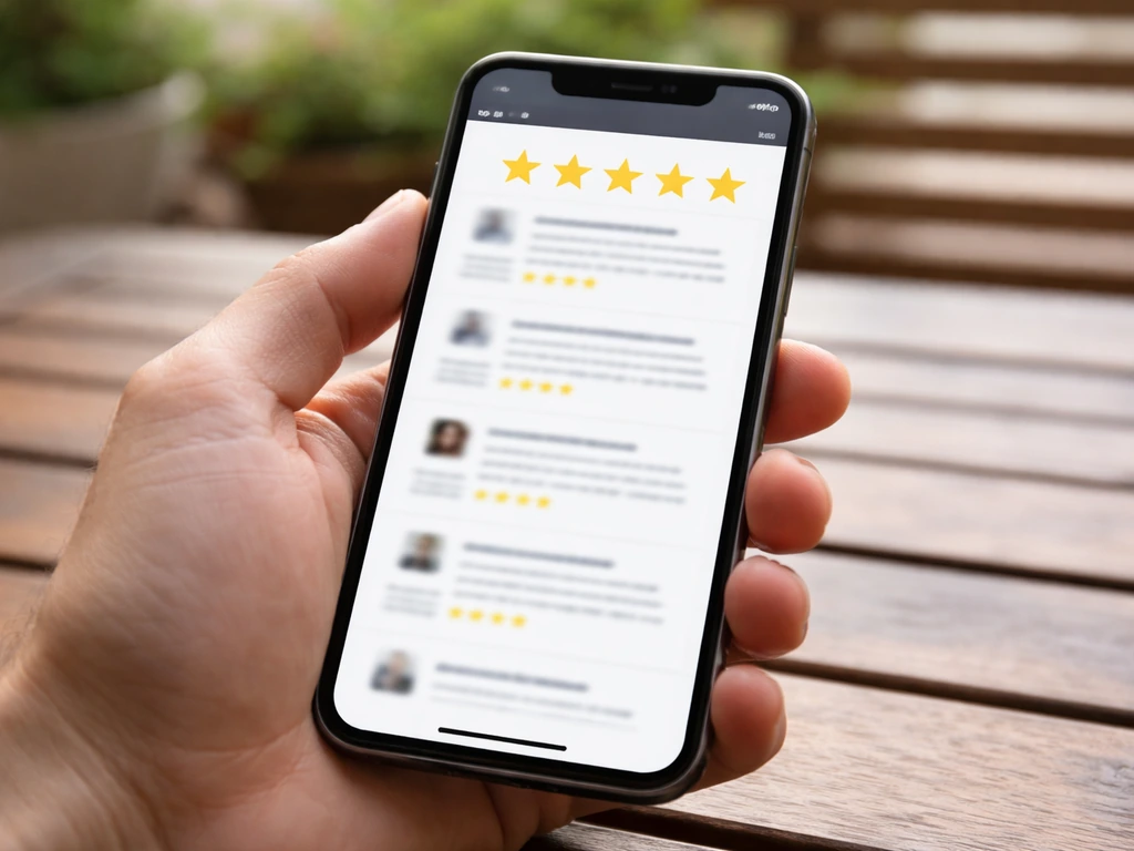 Close-up of a phone showing a blurred contractor review page with stars and snippet blocks