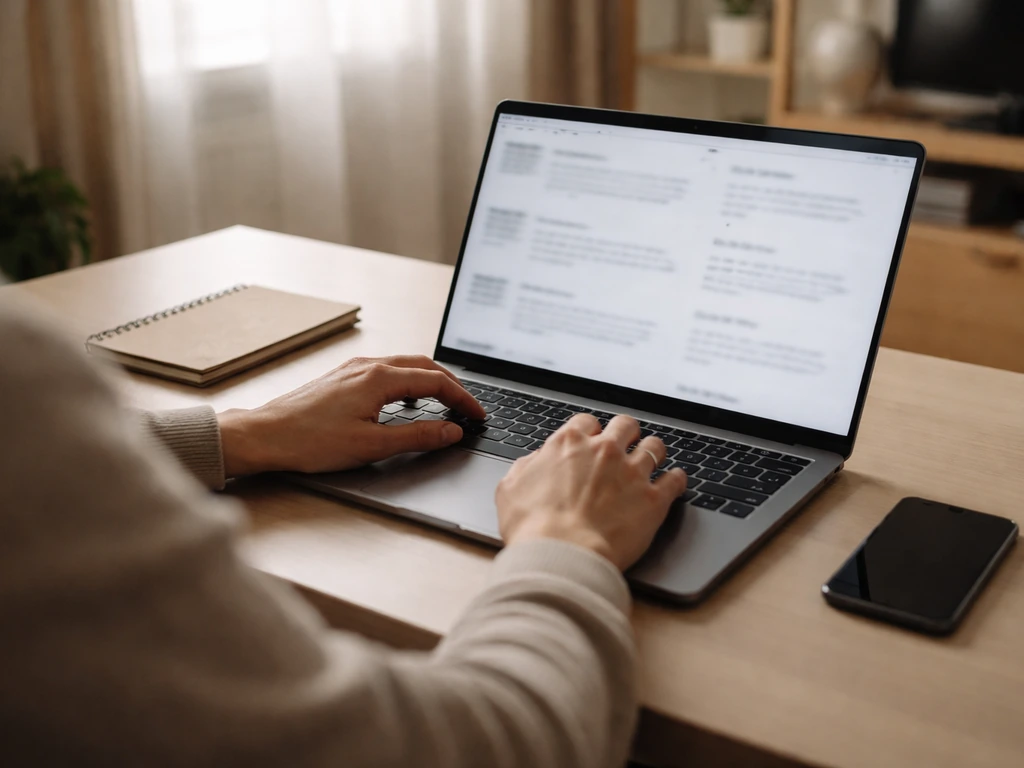 Anonymous person at a desk comparing review details on a laptop with blurred, unreadable content.