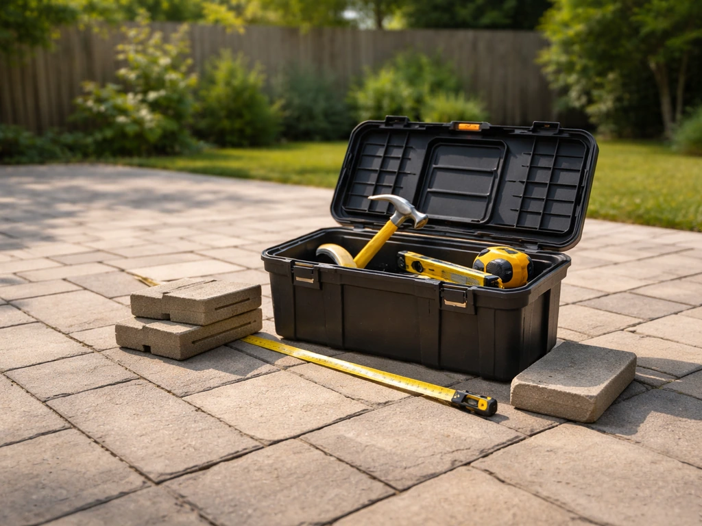 Sunlit stone patio with a contractor toolbox and measuring tape set near pavers, suggesting patio contractor vetting