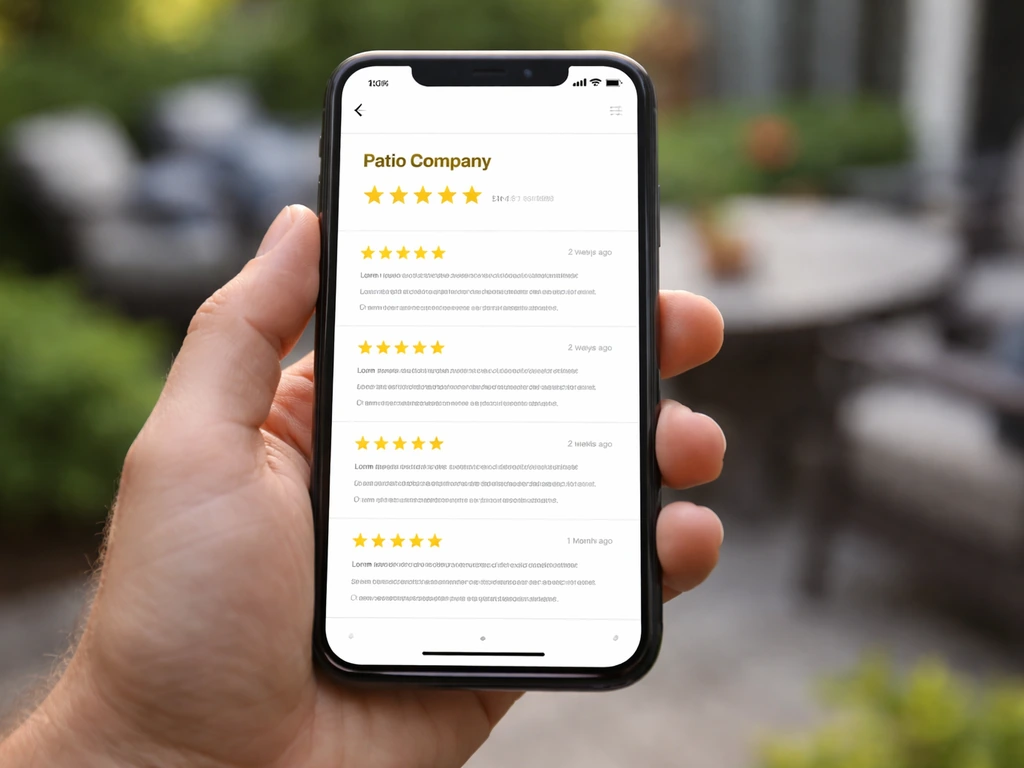 Close-up of a smartphone displaying a patio review page with stars and review details, outdoors patio background.
