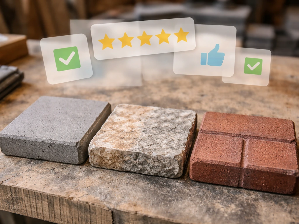 Close-up of concrete, paver, and stone samples on a workbench with icon-like review tiles overlaid.