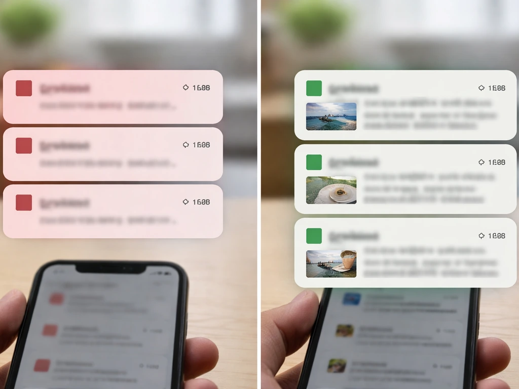 Split-screen phone review cards: red-flag side shows generic short content; green-flag side shows detailed credible feed