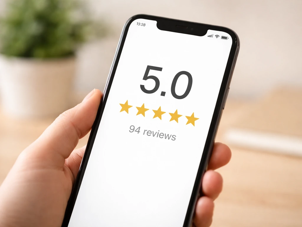 Smartphone photo-mock showing a 5.0-star rating with about 94 reviews for a home and patio listing.