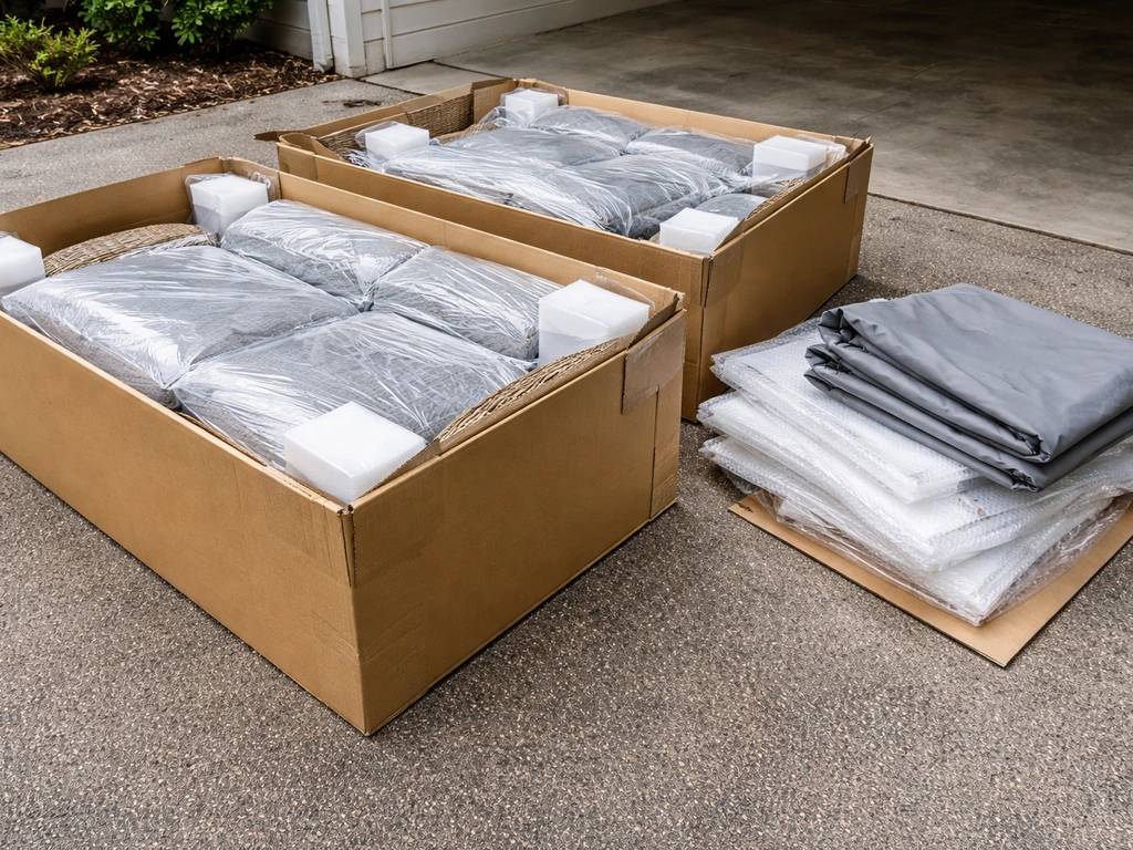 Patio furniture boxes and protective packing staged on a driveway, ready for setup delivery day