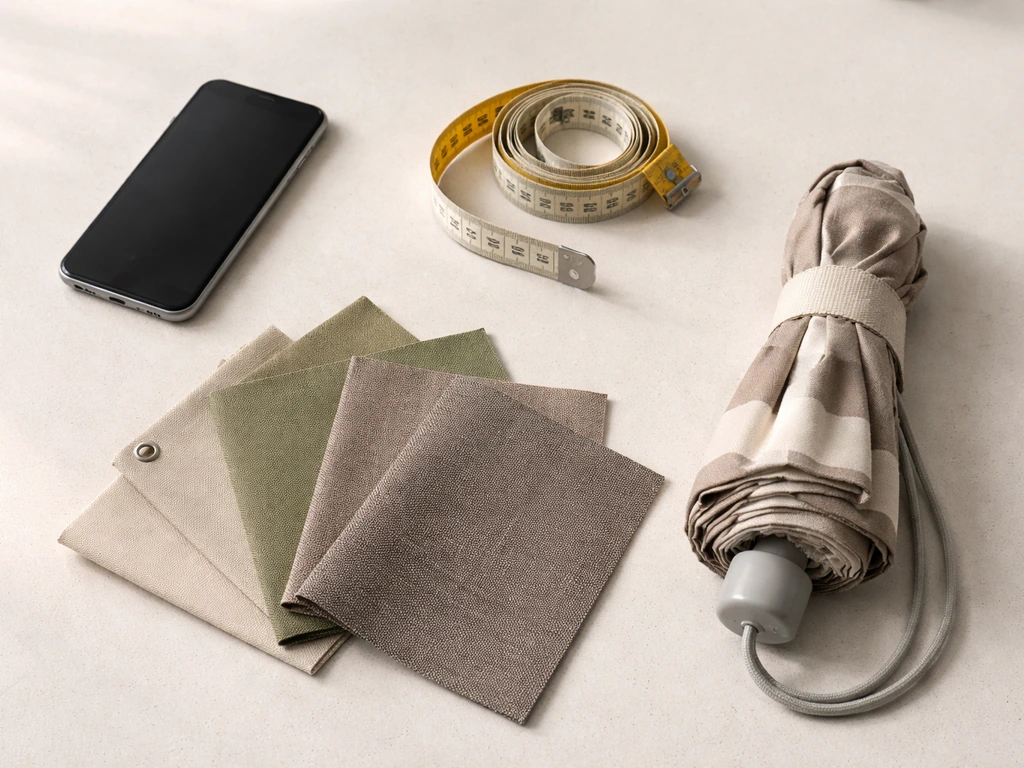 Minimal desk scene with smartphone, measuring tape, outdoor fabric swatches, and a small patio umbrella.