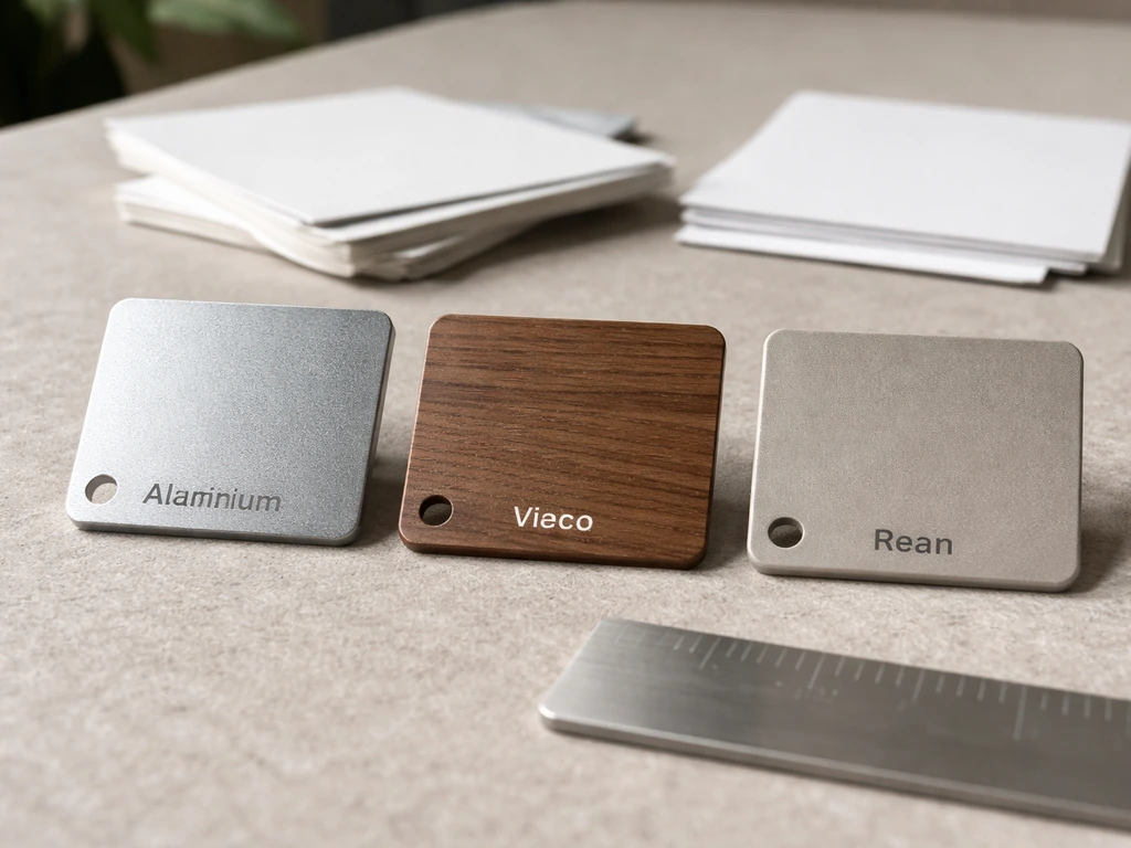 Close-up of three anonymous outdoor furniture material labels and care cards for aluminum, wood, and resin comparison.