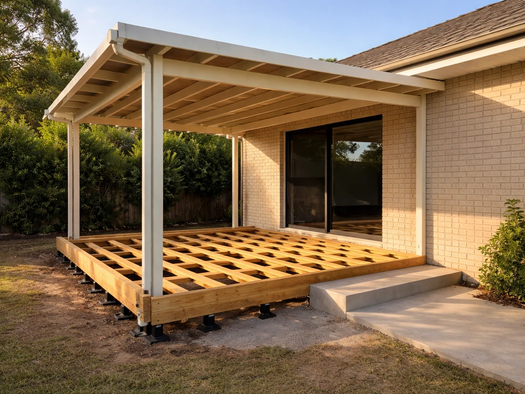 Backyard custom patio under construction with a built deck frame and carport post supports