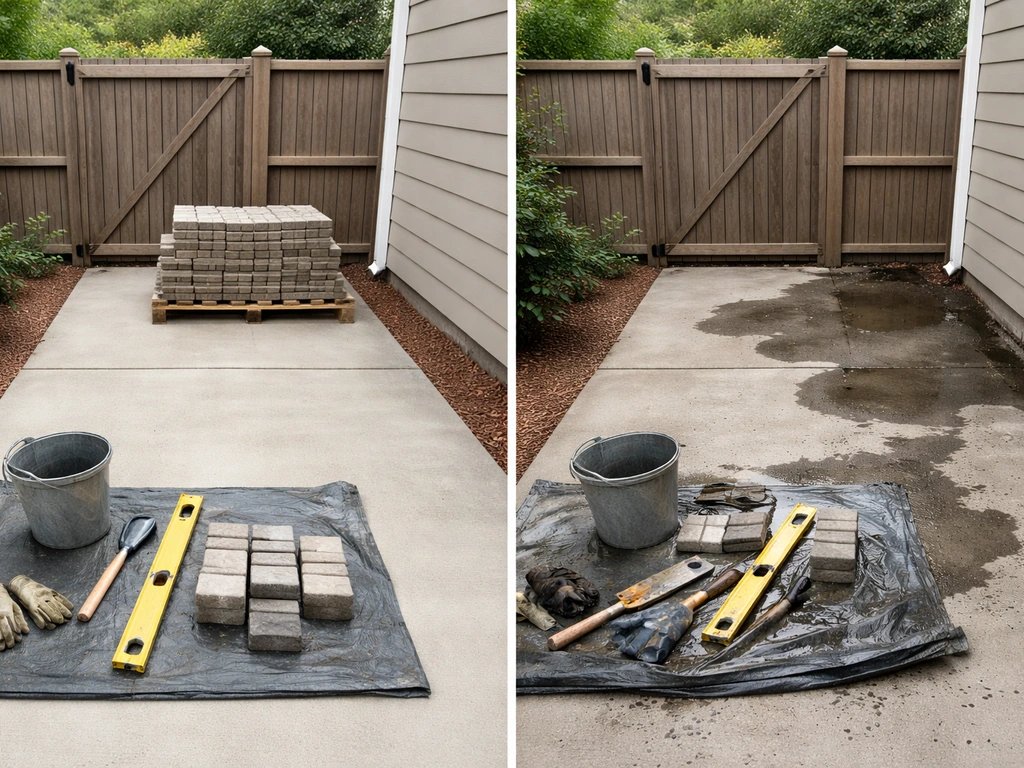 Split view of a tidy patio with clean materials vs a patio with visible water leak damage and puddling