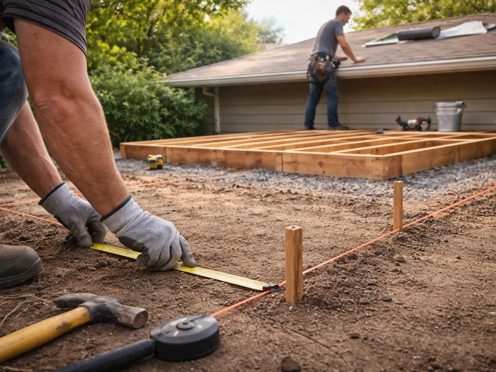 Contractor marks a patio site, with framing and roofing staged in the background toward handover.