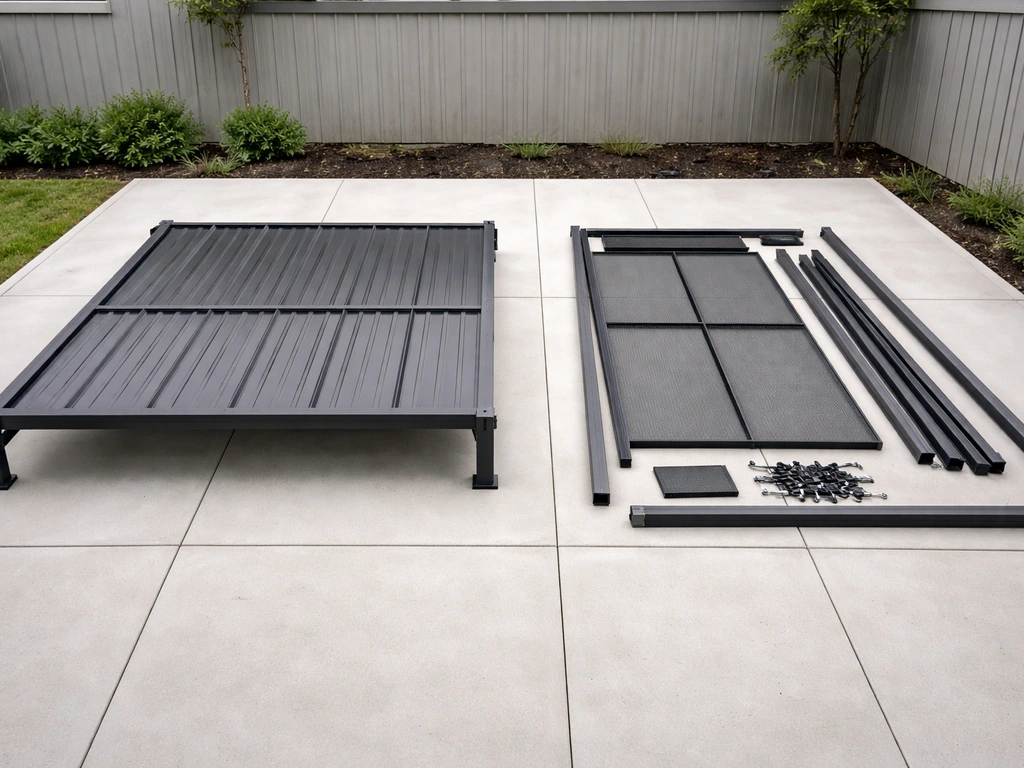 Side-by-side patio cover and screen room components showing products and dealer-installed structure parts.