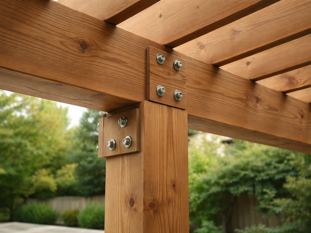 Close-up of solid patio cover beams and fasteners showing sturdy build quality outdoors.