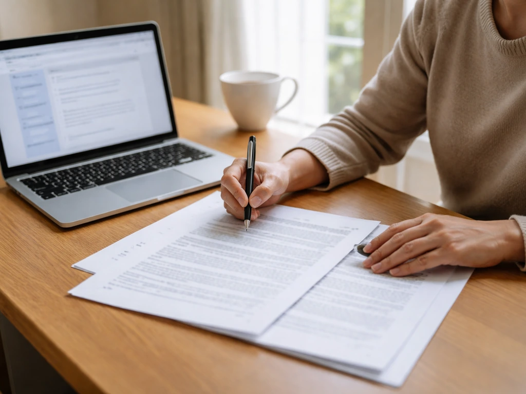 Homeowner reviews a patio contract at a kitchen table with an open laptop showing generic verification pages.