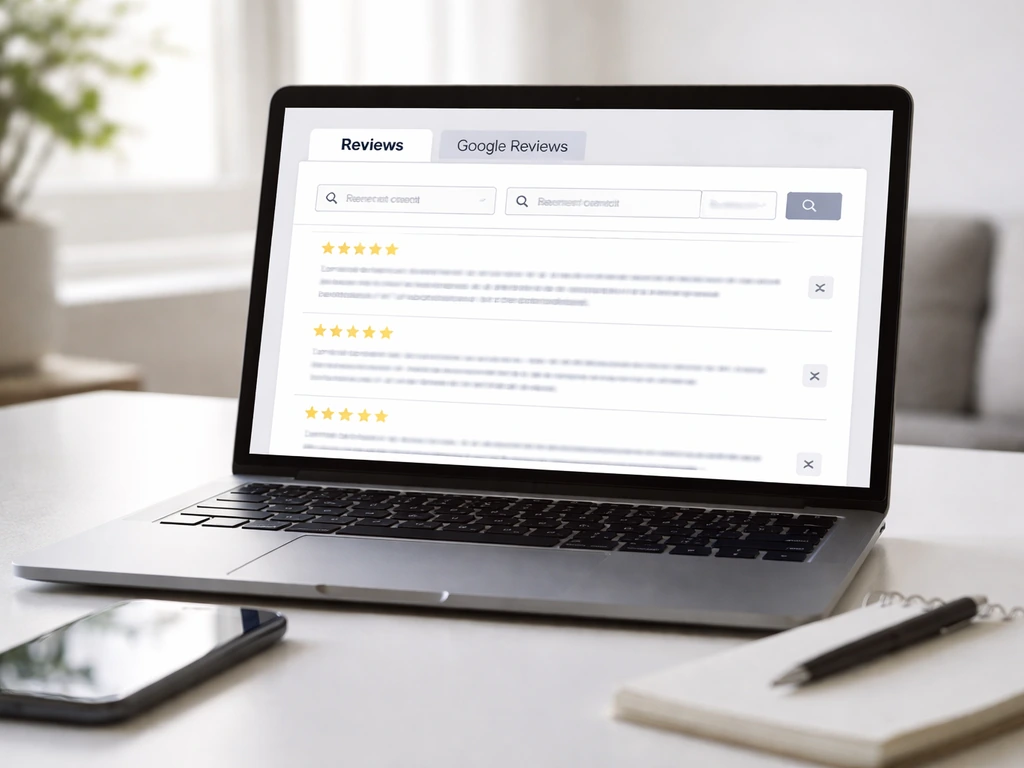 Laptop and phone on a desk showing a generic reviews page with filters for verifying sources.