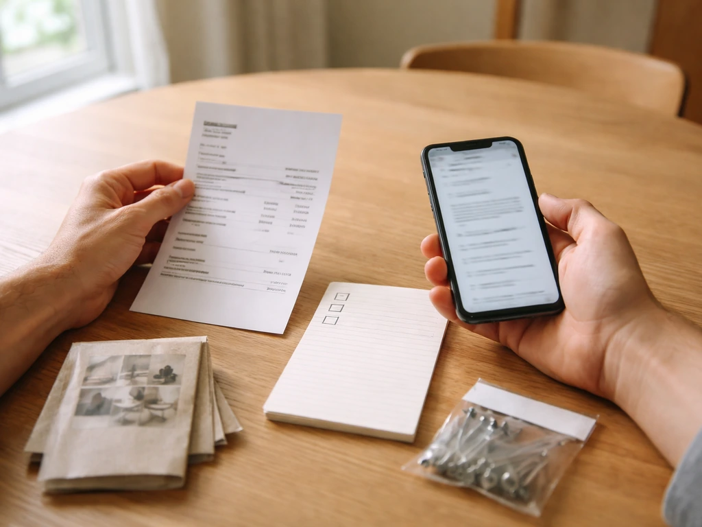 Homeowner holding an outdoor patio order receipt next to a simple product vs installation checklist note