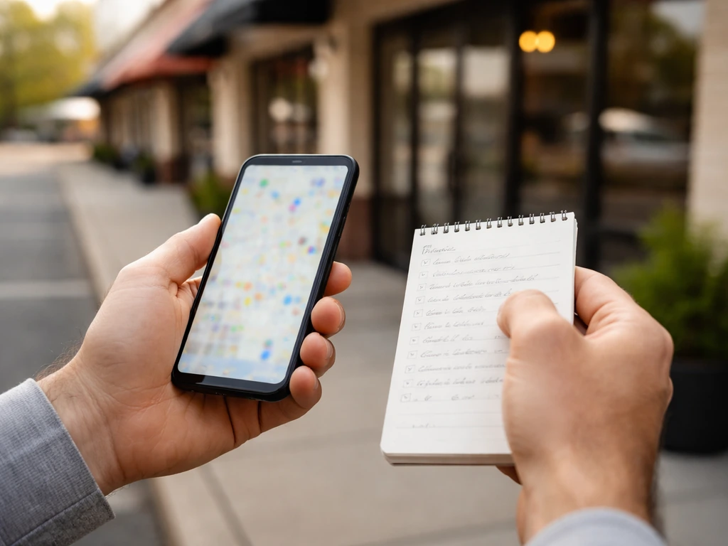 Hands comparing a phone listing and notes near a restaurant storefront to confirm the right business.