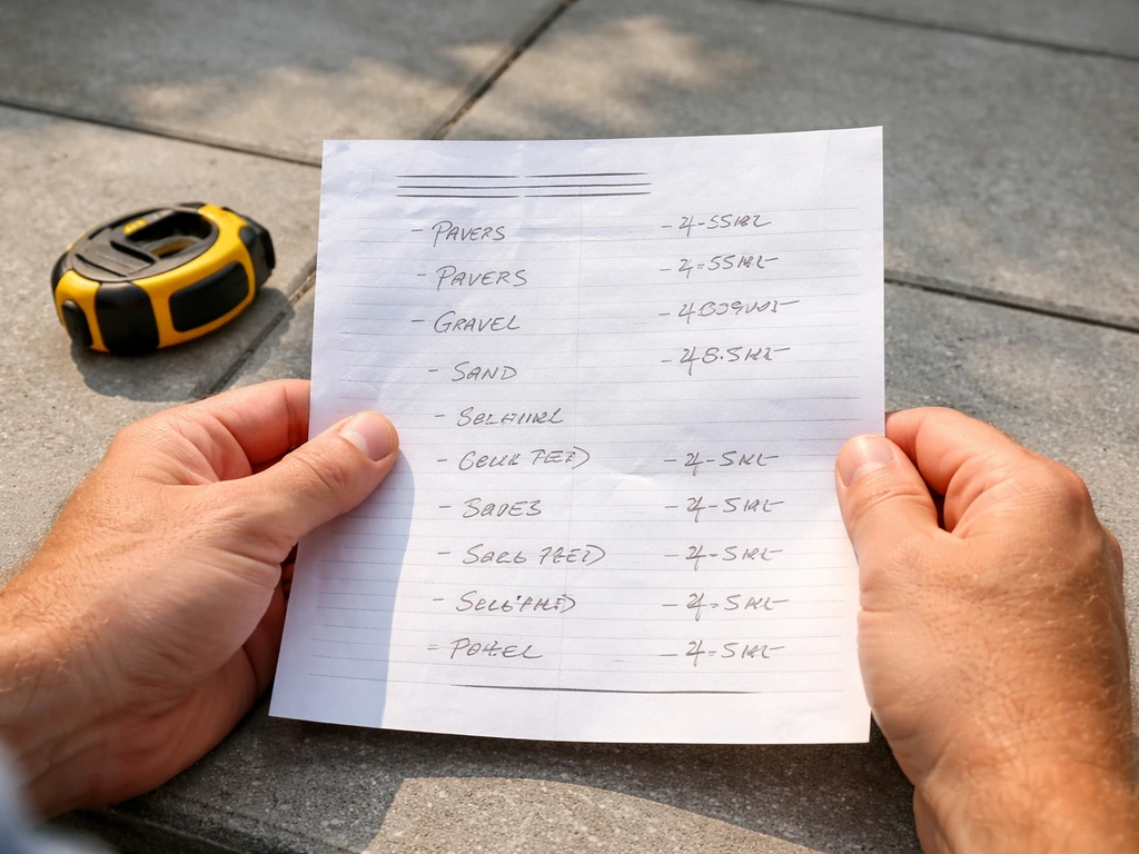 Close-up of hands reviewing a patio contractor page with a tape measure on concrete pavers.