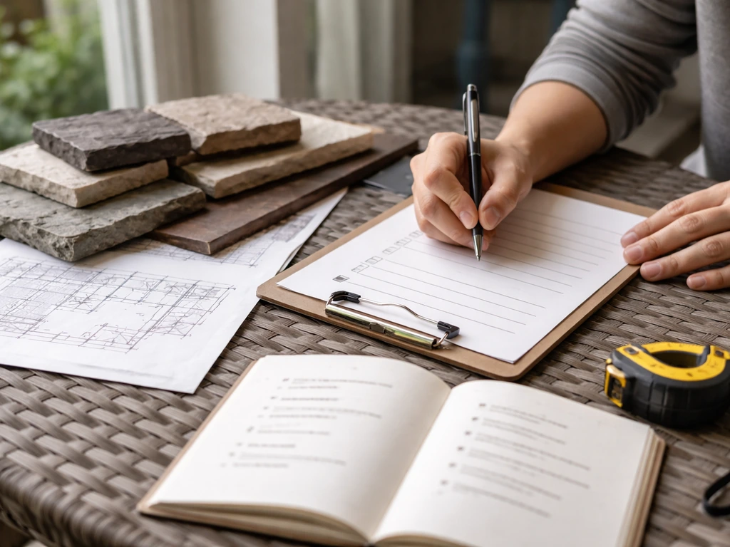 Hand writing notes on a patio checklist beside materials samples and a simple measurement sketch