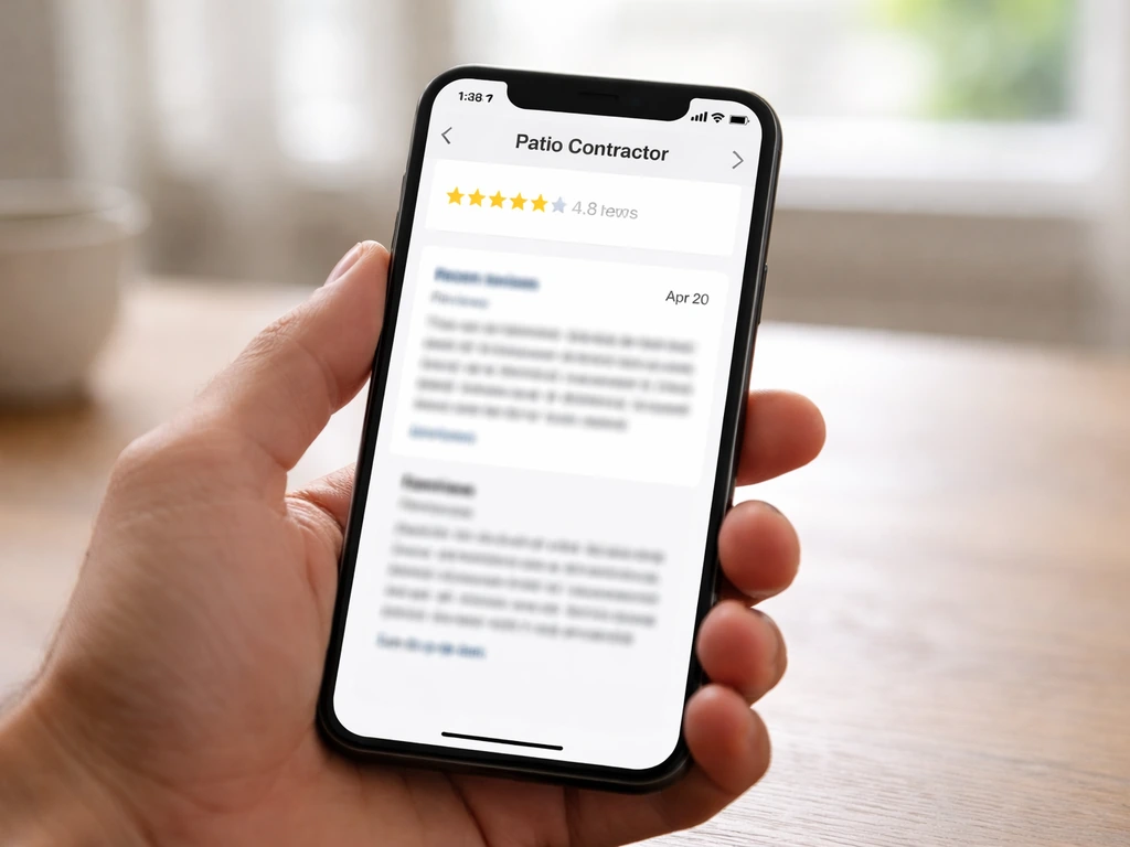 Close-up of a person’s hand scrolling a patio contractor review page, showing star rating and review count