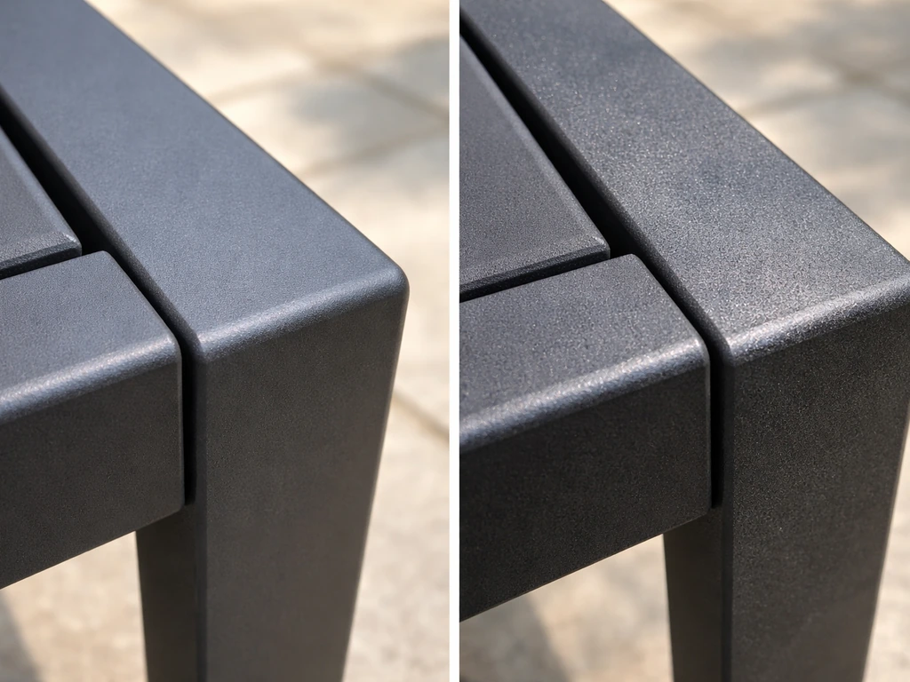Close-up of powder-coated outdoor furniture frame with smooth finish beside a poorly coated, rough section
